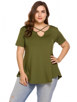 

Army green Solid Plus Size Cross Notched Neck Short Sleeve Tops, Multicolor
