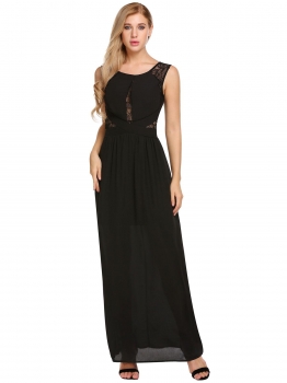

Black Women Sleeveless Back Pleated Lace Patchwork Evening Party Chiffon Maxi Dress, Multicolor