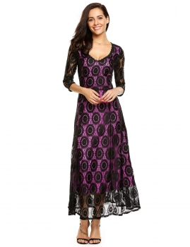 

Purple Plunging Neck Lace Overlay Dress With Lining, Multicolor