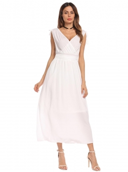 

White Women's V-Neck Sleeveless Solid V-Back Summer Beach Casual Maxi Dress, Multicolor
