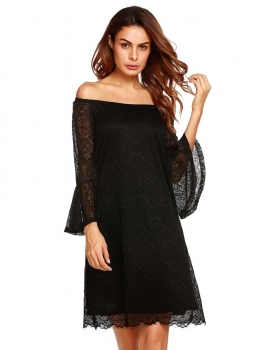 

Black Off Shoulder 3"4 Sleeve Lace A-Line Dress, Multicolor