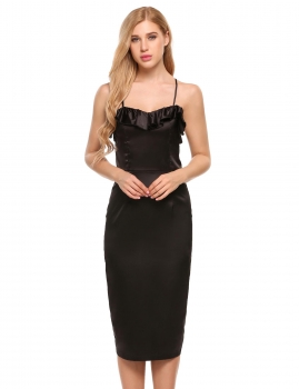 

Black Spaghetti Strap Ruffled Trim Satin Pencil Dress, Multicolor
