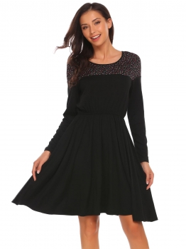 

Black Long Sleeve Floral Knit Patchwork Dress, Multicolor