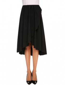 

Black Solid Elastic Waist A-Line Pleated Asymmetrical Hem Skirt, Multicolor