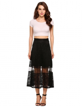 

Black High Waist Lace Mesh Patchwork A-Line Skirt, Multicolor