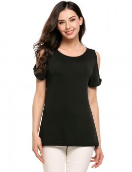 

Black Solid O-Neck Short Cold Shoulder Elastic Tops, Multicolor