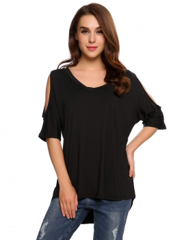 

Black V Neck Loose Cold Shoulder High Low Long Top Tee, Multicolor