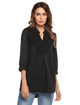 

Black 3"4 Sleeve Loose V-Neck Lace Buttoned Blouse, Multicolor