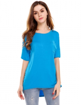 

Blue O-Neck Half Sleeve Back Hollow Out Elastic Pullover T-Shirt, Multicolor