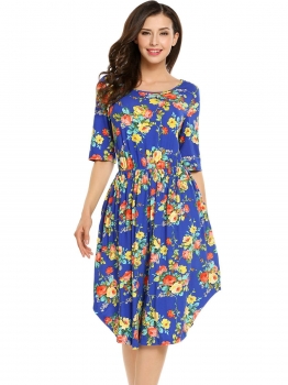 

Blue O-Neck Short Sleeve Elastic Waist A-Line Dress, Multicolor