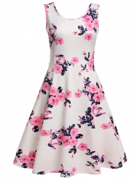 

Pastel pink Sleeveless Floral Print Scoop Neck Beach Mini Dress, Multicolor