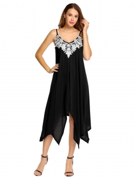 

Black Spaghetti Strap Sleeveless Embroidery Floral Asymmetric Dress, Multicolor