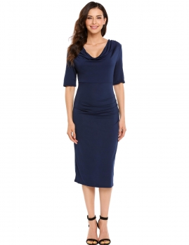 

Navy blue Solid Cowl Neck Half Batwing Sleeve Dress, Multicolor