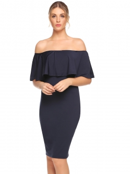 

Dark blue Off Shoulder Ruffles Solid Pencil Dress, Multicolor