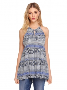 

Blue Women Boho Halter Floral Print Lace Patchwork Long Swing Cami Top, Multicolor