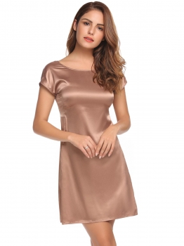 

Brown O-Neck Short Sleeve Solid Backless Bow Tie Dress, Multicolor