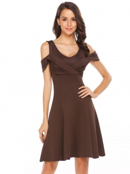 

Coffee V-Neck Cold Shoulder A-Line Dress, Multicolor