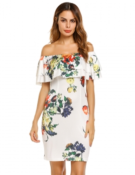 

White Ruffled Off the Shoulder Short Sleeve Floral Dress, Multicolor