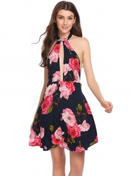 

Black red Backless Halter Sleeveless Floral A-Line Dress, Multicolor