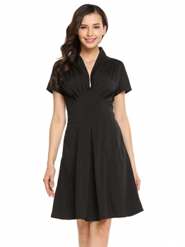 

Black Short Sleeve V-Neck Ruched Solid A-Line Dress, Multicolor