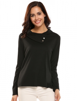 

Black Long Sleeve Lapel Neck Solid Slim Sides Slit T-shirt, Multicolor