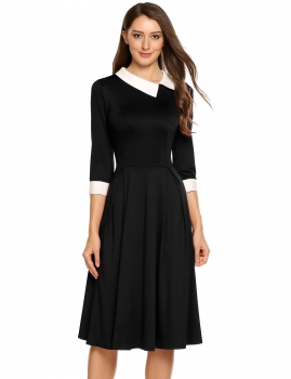 

Black Vintage Style Turn Down Collar 3"4 Sleeve Fit and Flare Dress, Multicolor