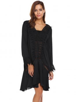 

Black Long Sleeve Patchwork Crochet Chiffon Dress, Multicolor