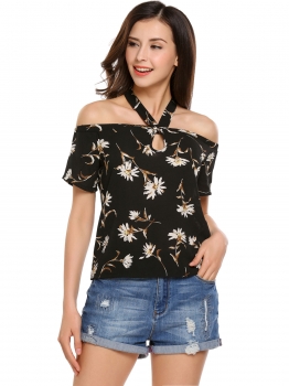 

Black Halter Short Sleeve Off the Shoulder Prints Tops, Multicolor
