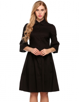 

Black Turn Down Collar 3"4 Flare Sleeve Button Down Shirts Dress, Multicolor