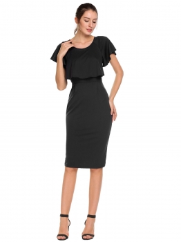 

Black O-Neck Ruffle Short Sleeve Solid Bodycon Dress, Multicolor