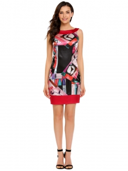 

Red Sleeveless Print Satin Package Hip Mini Dress, Multicolor
