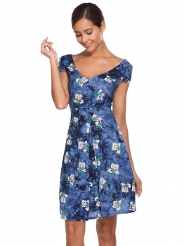 

Orange Cap Sleeve V-neck Print Pleated Dress, Multicolor