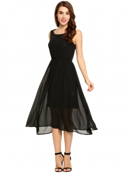 

Black Sleeveless Elastic Waist Chiffon Pleated Long Dress, Multicolor