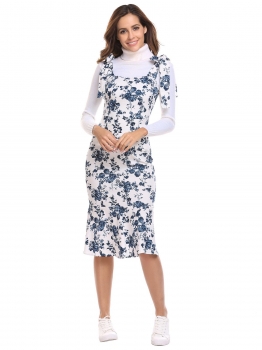 

White Lace-up Strap Floral Vintage Style Bodycon Fishtail Casual Dress, Multicolor