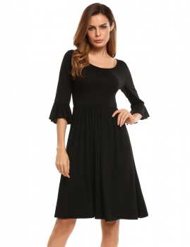 

Black 3"4 Flare Sleeve Solid Crew Neck Soft Dress, Multicolor