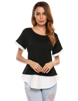 

Black Contrast Color Trim Patchwork O-Neck Short Sleeve T-Shirts, Multicolor