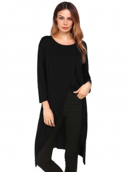 

Black Long Sleeve Solid Asymmetric Hem Dress, Multicolor