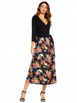 

Black Plunging Neck Floral Patchwork Maxi Dress, Multicolor