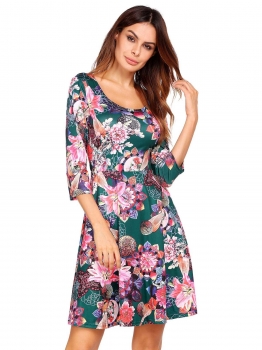 

Dark green 3"4 Sleeve High Waist Floral Dress, Multicolor