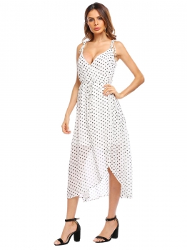 

White Spaghetti Strap Dot Split Irregular Hem Chiffon Dress, Multicolor
