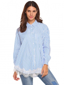 

Roll Up Sleeve Striped Lace Trim Loose Button Down Shirt, Multicolor