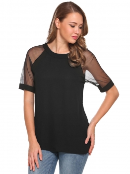 

Black Mesh Patchwork Short Sleeve Loose Fit Tops, Multicolor