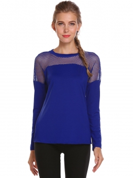 

Blue Drop-Shoulder Long Sleeve Fishnet Patchwork Slim Tops, Multicolor