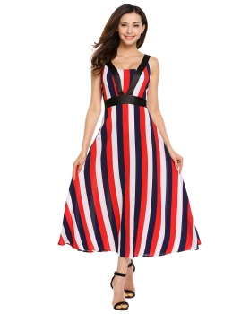 

Red Square Neck Sleeveless Striped High Waist Dress, Multicolor