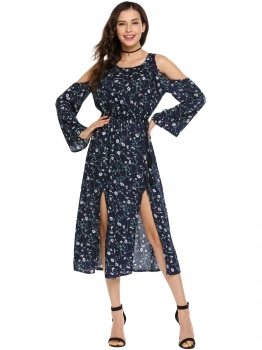

Pattern 1 Bohemia Style Long Flare Sleeve O Neck Cold Shoulder Maxi Casual Dress, Multicolor