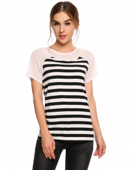 

Black stripe Short Sleeve O Neck Sheer Panels T-Shirt, Multicolor