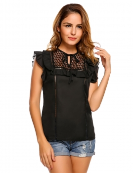 

Black Front Key Hole Chiffon Lace Patchwork Sleeveless Tank Top, Multicolor