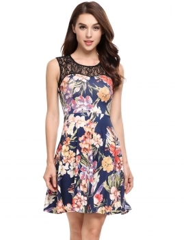 

Black and Blue O-Neck Sleeveless Lace Patchwork Slim Mini Dress, Multicolor