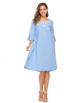 

Sky blue Flare Sleeve Embroidered Shift Dress, Multicolor