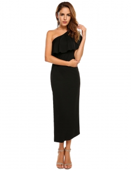 

Black Sleeveless Solid One Shoulder Evening Split Bodycon Dress, Multicolor